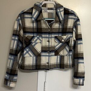 Zara Cropped Checkered Jacket - Cream, Brown, and Blue - size small